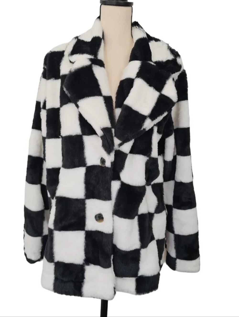 Checkered Fuzzy Faux Fur Jacket